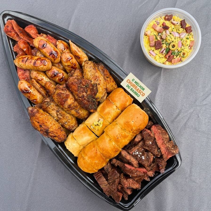 Combo Premium Supreme 1kg. A combinação perfeita para duas pessoas que amam um churrasco de verdade! Curta um banquete completo com cortes selecionados grelhados e 1l Coca-Cola geladinha pra fechar com chave de ouro. Inclui: •300g Fraldinha suculenta •300g Frango bem temperado •300g Linguiça •2 Pão de alho crocante • 100g Farofa especial • 1 Coca Cola 1l Ideal para um janta