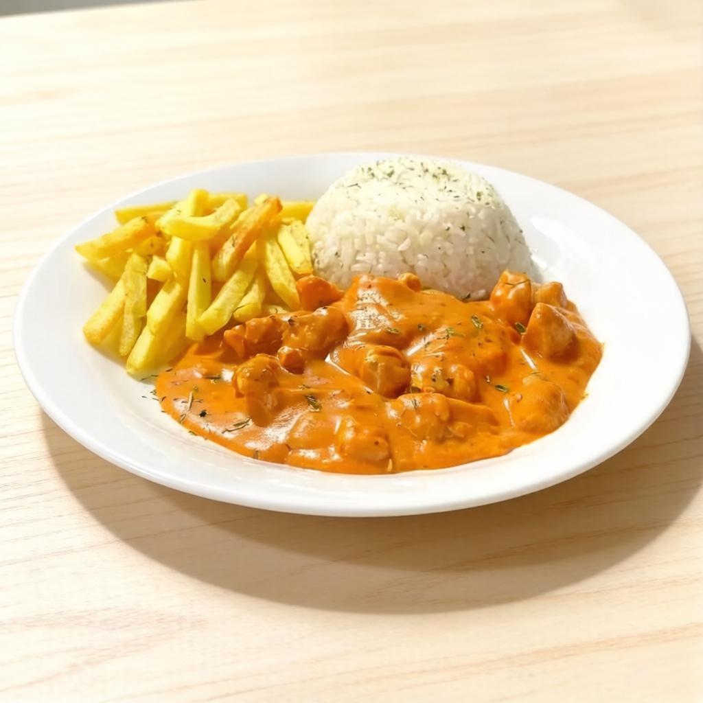 Estrogonofe de frango, arroz branco, batata frita e salada.