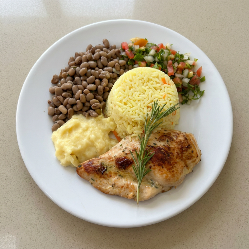 Feijão mulato, arroz, macarrão, purê e verdurinha