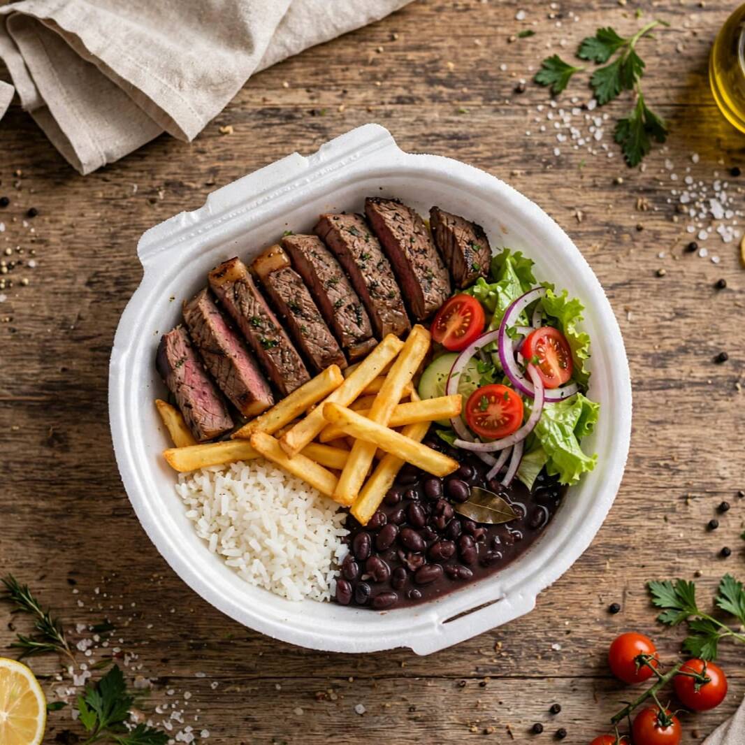 Bife De Patinho Macio E Suculento Grelhado Na Chapa Acompanha Arroz Bem Soltinho Feijão Preto Bem Temperado Macarrão Com Molho De Tomate, Farofa Da Casa, Batata Frita Crocante. Sabor Que Exala Sabor D" Casa.