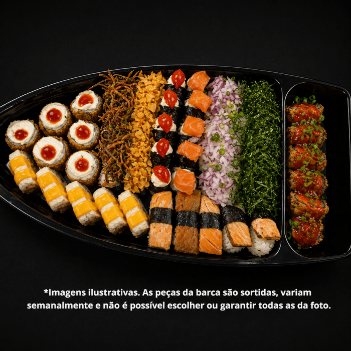 Cada pedido é uma nova surpresa, com uma combinação única de sabores fresquinhos e irresistíveis! Ao optar pela nossa Barca Misteriosa, você receberá 50 peças sortidas de dar água na boca, com uma seleção especial que pode incluir: Salmão Cru, Salmão Grelhado, Pele de Salmão, Kani e muito mais... Prepare-se para uma experiência única e surpreendente! (Toda semana peças diferentes)