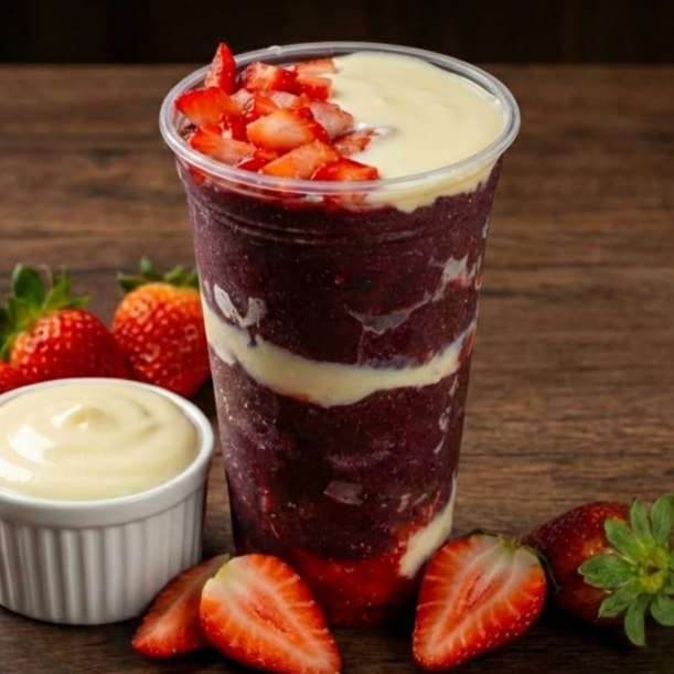 Açaí Premium enviado em embalagem térmica, acompanhado de creme de avelã, creme de Ninho, leite em pó e granulado, enviados separadamente. Foto meramente ilustrativa. Todos os nossos produtos são enviados em embalagem térmica de isopor, e os complementos são sempre enviados à parte.
