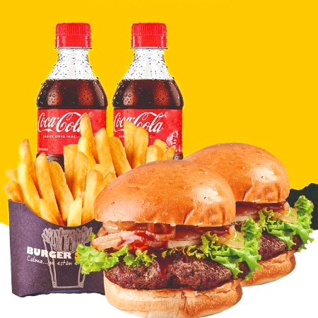 COMBO PAREJA ( 2 BURGERS MAS PAPAS Y 2 REFRESCOS)