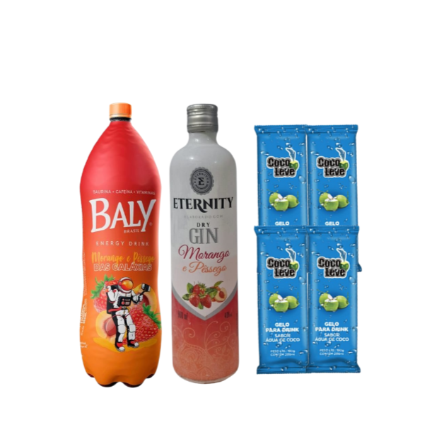 Combo de Gin Eternity Morango e Pêssego - 4 Gelos de Morango - 1 Energético Baly 2L Morango e Pêssego - 4 Copos