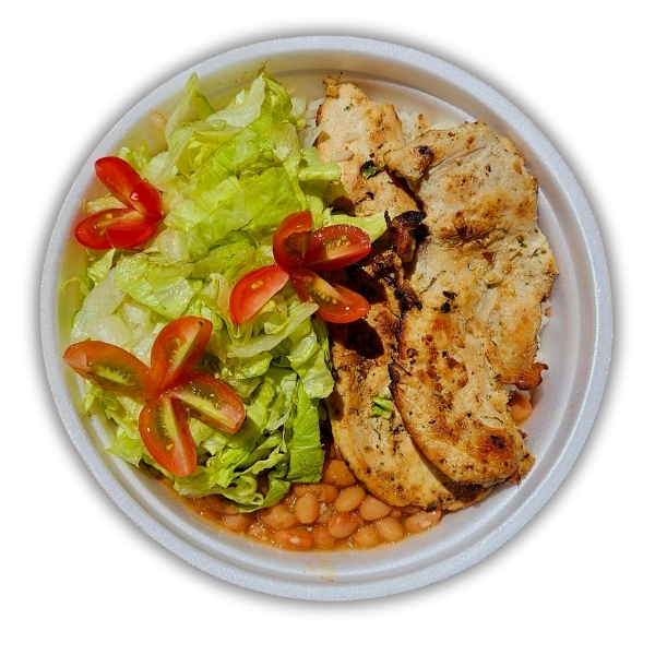 Filé de frango grelhado, arroz, feijão e salada fresca