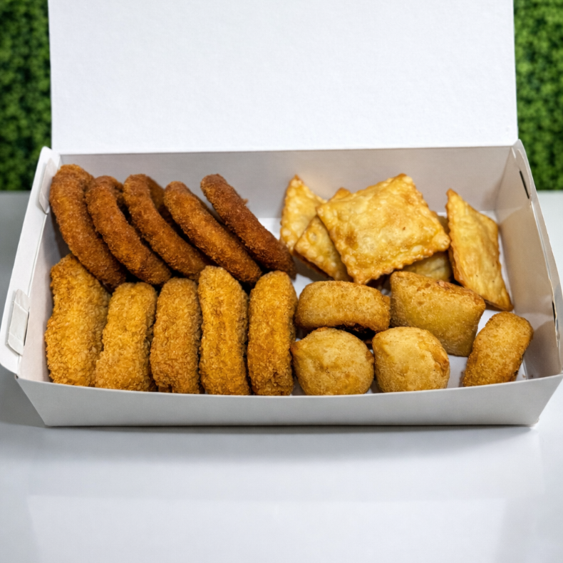 Essa porção serve até 1 pessoa
Acompanha os seguintes itens:
- 5 nuggets
- 5 mini pastéis
- 5 anéis de cebola
- 5 salgadinhos OU 5 mini churros de doce de leite