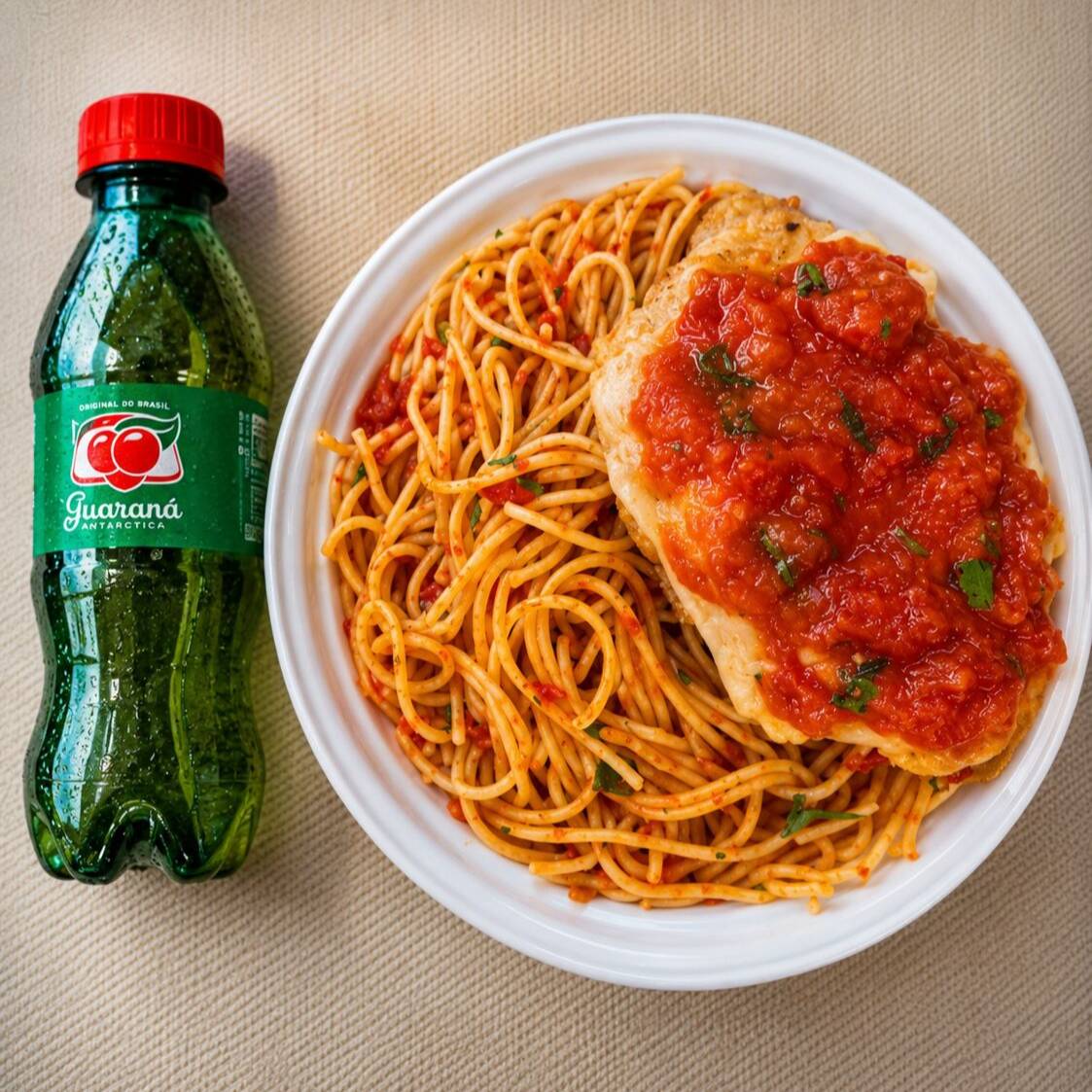 Marmita com delicioso filé de frango a parmegiana, acompanhado de macarrão espaguete ao molho de tomates. Acompanha refrigerante pet Guaraná Antarctica bem gelado. Marmita indicada para 01 pessoa.