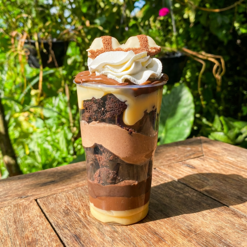 Copo supreme Kinder, creme de chocolate, mousse de chocolate, creme de Ninho, Nutella, bombom de Kinder e brownie.