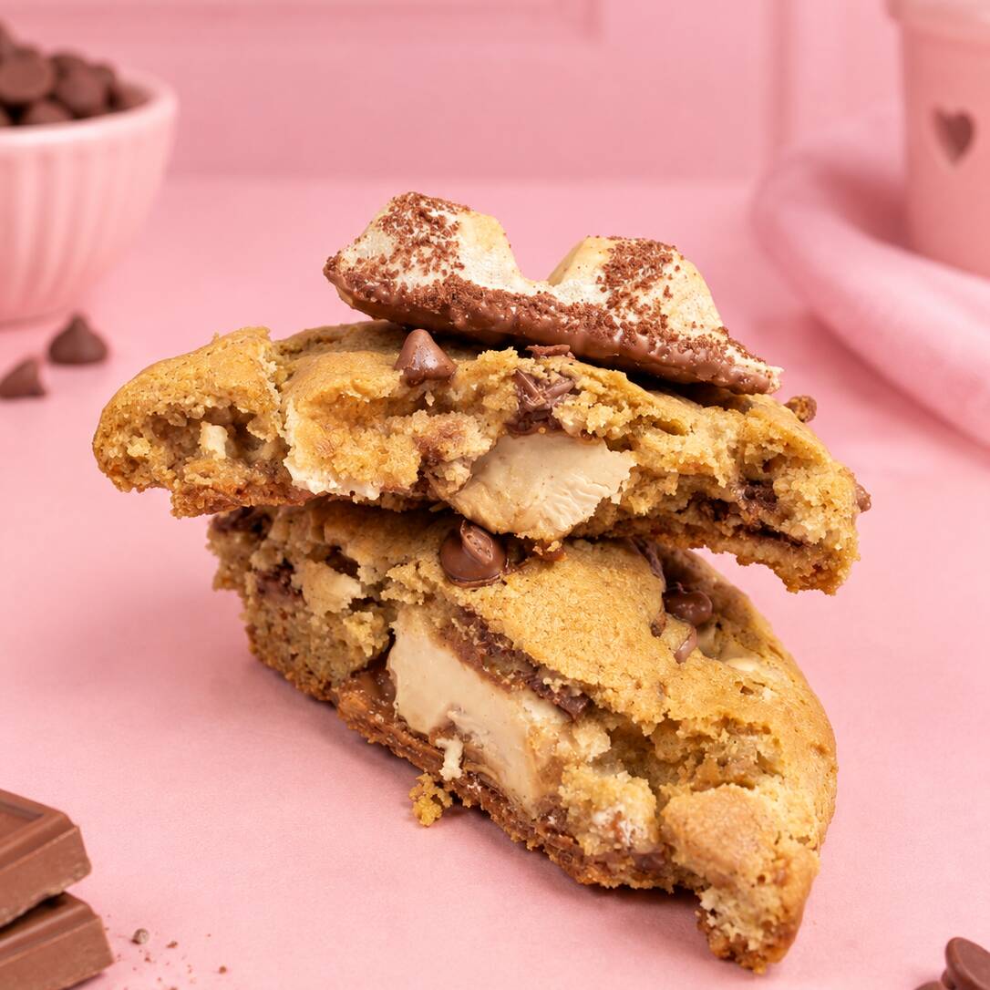 Cookie de Kinder Bueno - massa tradicional com chocolate ao leite e branco, recheio de Kinder bueno