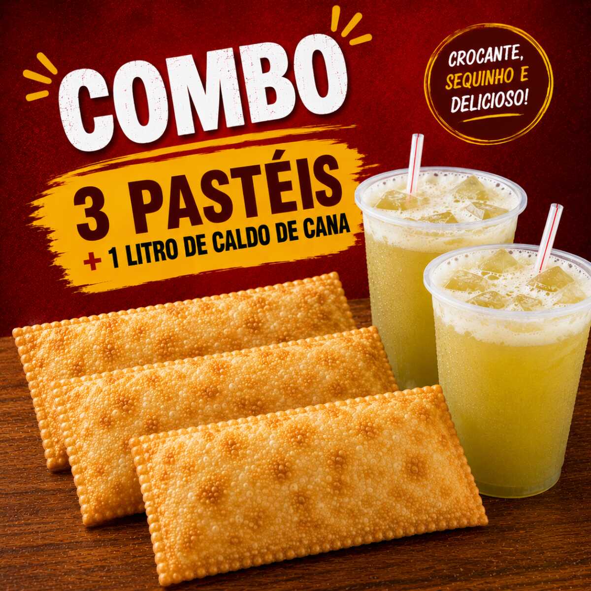 Escolha 3 sabores de pastéis tradicionais e 1 caldo de cana de 500ml.