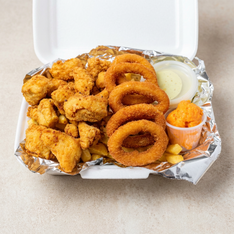 500 G de batata, isca de frango, anel de cebola ou nugget