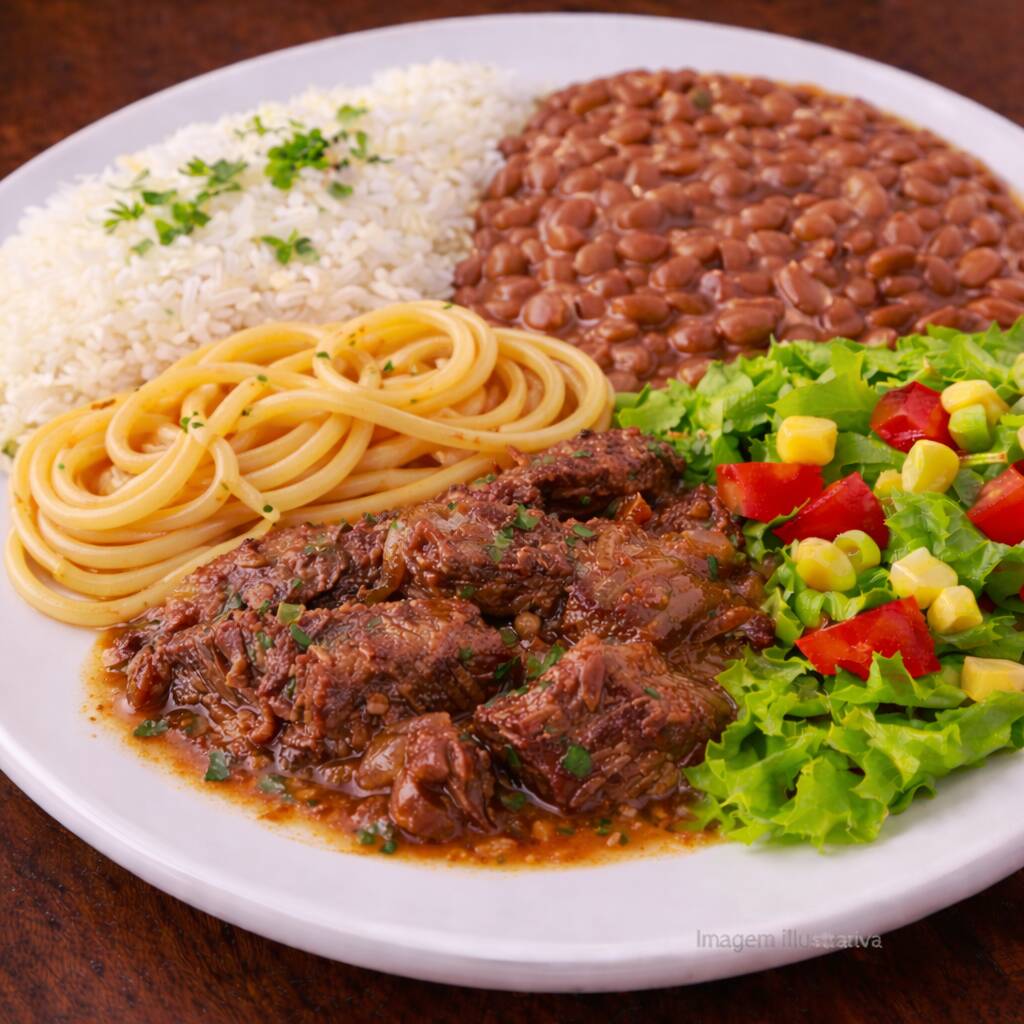 Feijão de caldo, arroz, macarrão e salada