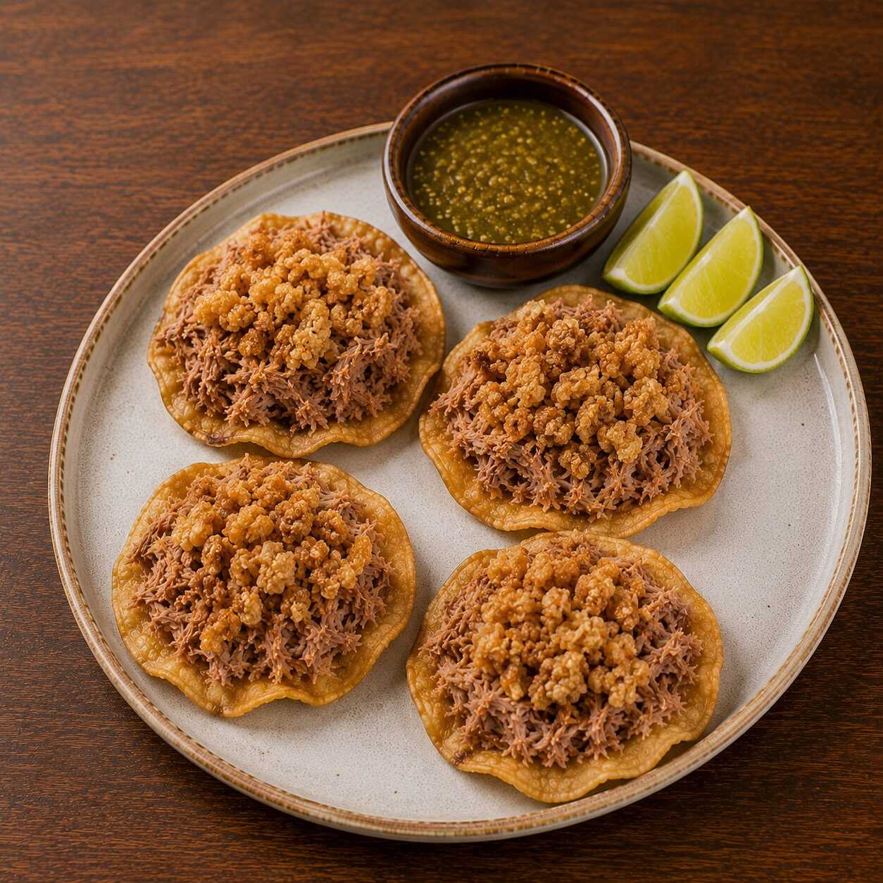 TOSTADAS DE LECHÓN CON CHICHARRÓN (4 PIEZAS)