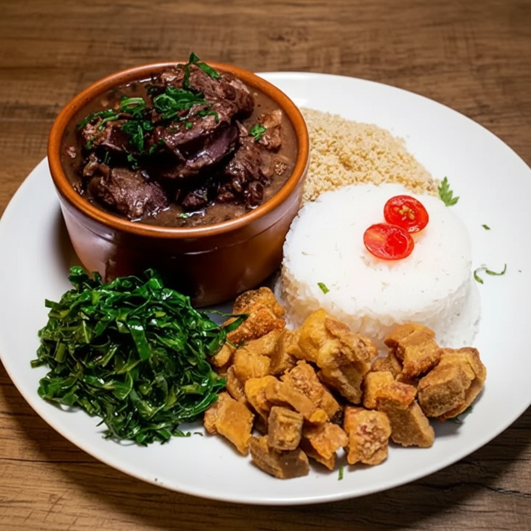 Feijão com Carne seca, Linguiça Paio, Costelinha Suína, Lombo, bacon ,arroz, farofa e couve.