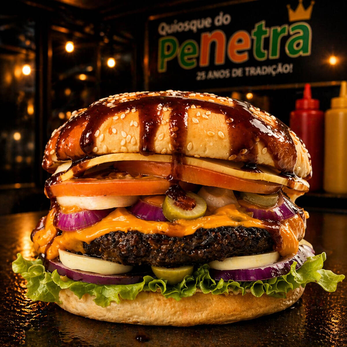PÃO, PICANHA 120GR, QUEIJO, CHEDDAR, ALHO, OREGANO, AZEITONA, BARBECUE E TOMATE.