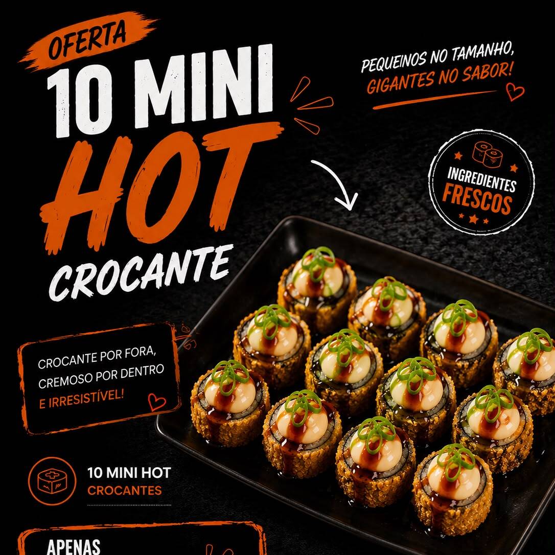 10 mini hot hol de salmão grelhado . Acompanha 1 sachê de shoyu, 1 tarê 1 par de hachi