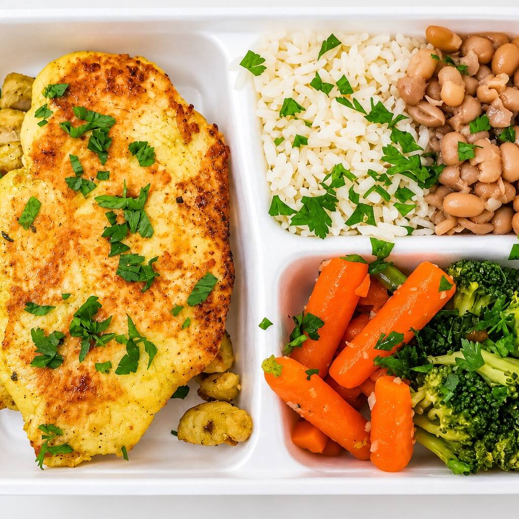 Suculento frango grelhado 120g, 80 g de arroz, 80 g de feijão, 100 g de legumes e 5 g de azeite. Uma refeição leve, saborosa e equilibrada para acompanhar sua rotina. ≈ 390 kcal | ≈ 40 g de proteína.
