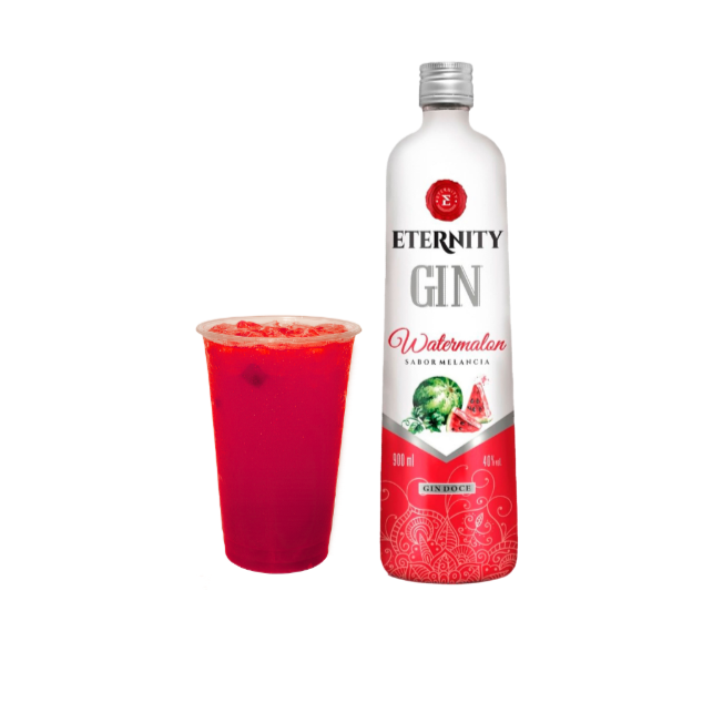 Dose de gin Eternity Sabor Melancia, uma Garrafinha de 150ml com Gin, Energético Baly em uma Garrafinha de 300ml e 1 Gelo de Melancia