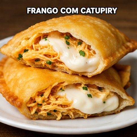 Pastel crocante e sequinho, recheado com frango desfiado bem temperada e suculenta.