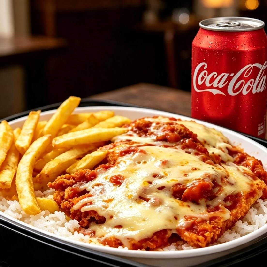 🍗 Marmita Média de Parmegiana de Frango + Coca-Cola
Nossa deliciosa Parmegiana de Frango, preparada com muito sabor, acompanhada de arroz e fritas. E para completar essa refeição, uma Coca-Cola bem geladinha, trincando! 🥤❄️
Uma combinação irresistível para matar a fome e deixar seu dia muito mais gostoso! 😋❤️