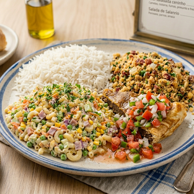 Arroz, farofa, molho à campanha e Macarronese.
