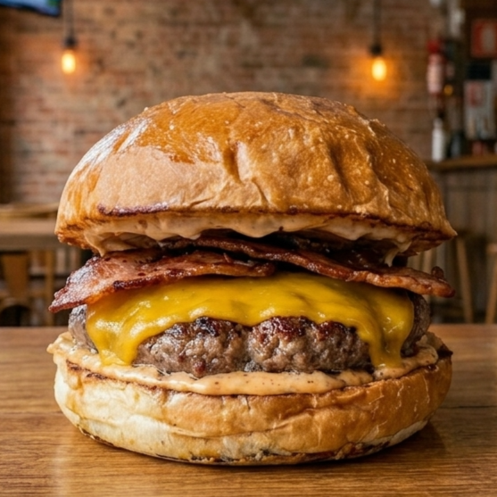 Carne suculenta assada no ponto, cheddar cremoso, tiras douradas de bacon crocante, equilibrados com nossa exclusiva maionese defumada e uma pimenta marcante. Tudo abraçado por um pão brioche bem macio. Experimente a fúria desse hambúrguer!