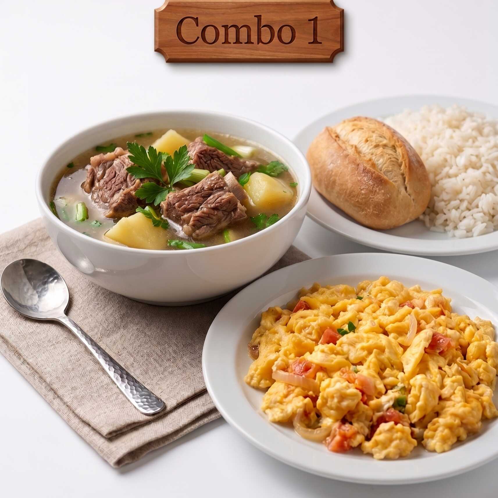 C1 Caldo de costilla Huevos arroz pan
