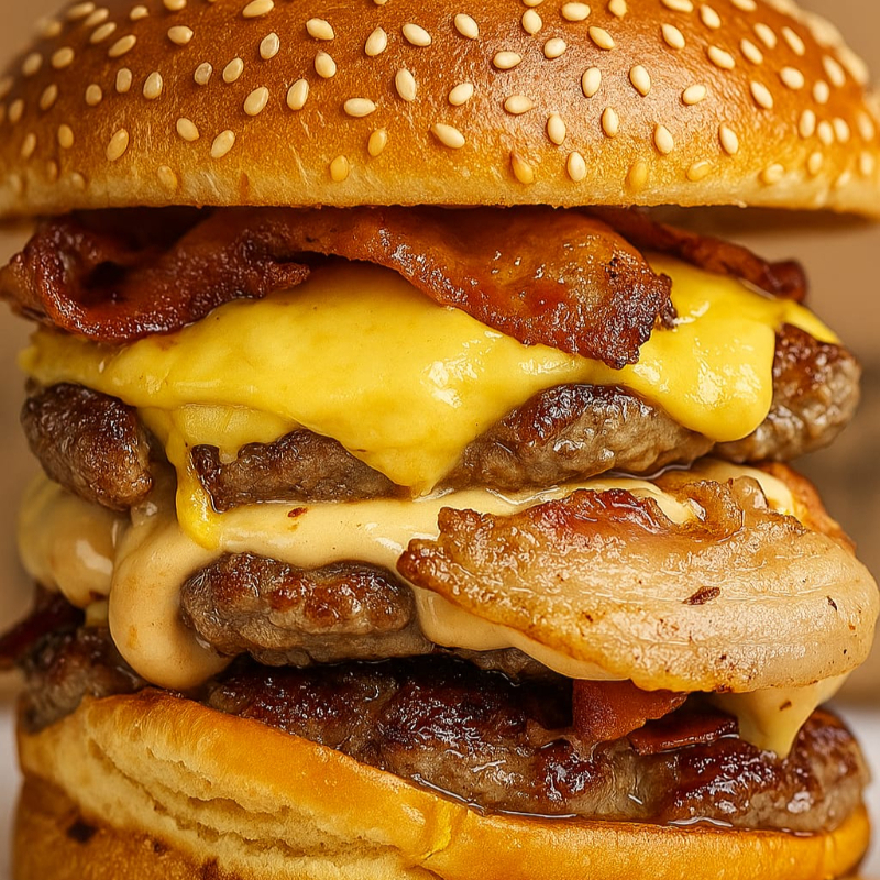 Pão brioche, 3 blend's, queijo de sua preferencia triplo, bacon triplo e maionese.