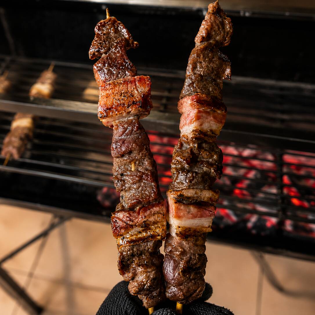 Para os verdadeiros amantes de sabor! Cubos selecionados de carne bovina intercalados com fatias generosas de bacon que, ao irem para a brasa, derretem e deixam a carne ainda mais suculenta e Saborosa. (Aprox. 100g-105g).