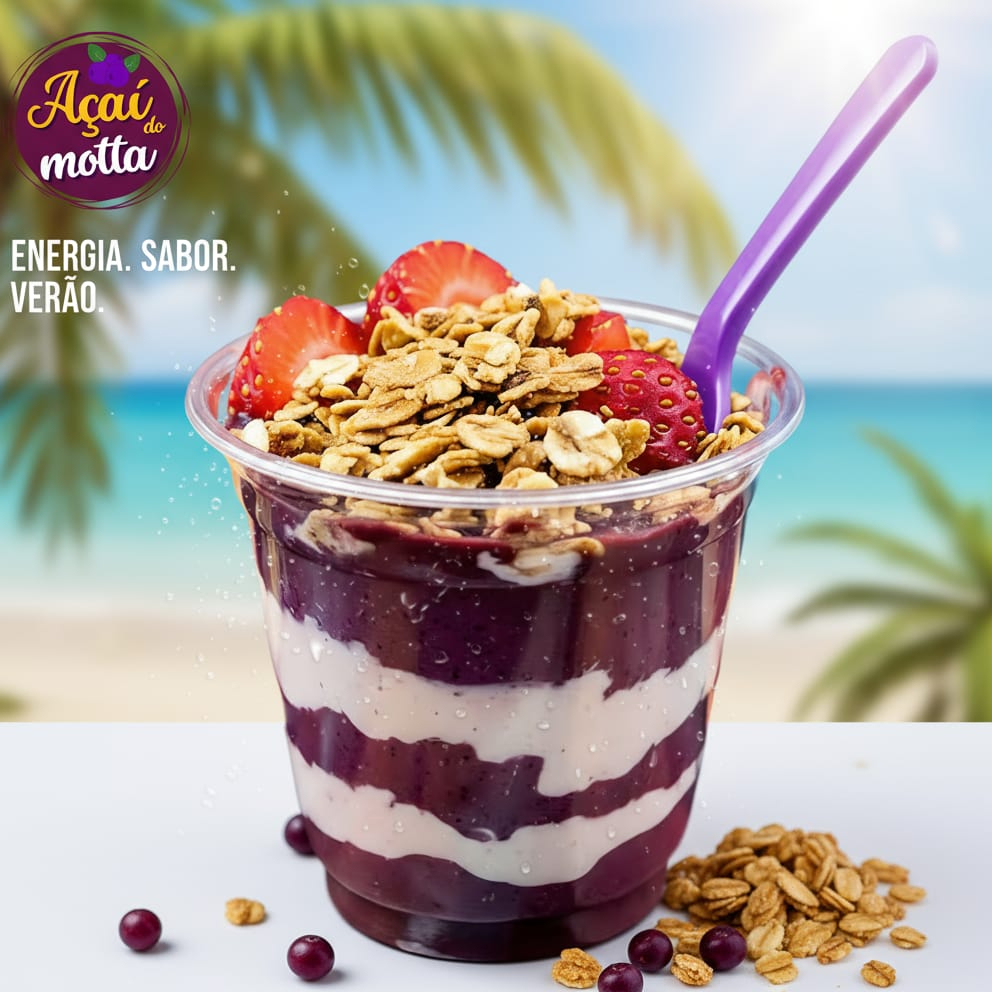 Açaí cremoso tradicional super saboroso com frutas selecionadas naturais cortadas na hora com complementos selecionados crocantes a sua escolha (foto ilustrativa).
