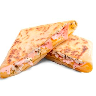 Crepe com massa fina e crocante, recheado com Peito de Perú picado, mussarela derretida e cream Cheese e alho Poró