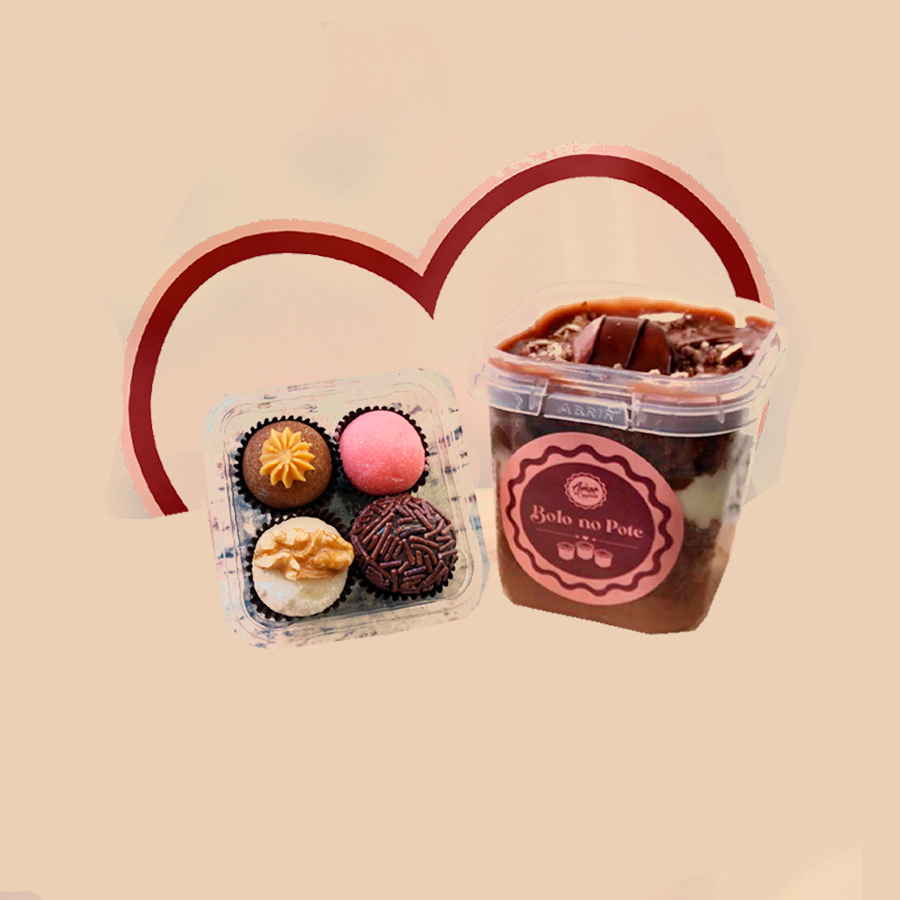 Escolha um sabor de bolo no pote (250 ml) e em seguida 4 variedades de docinhos gourmet no combo.