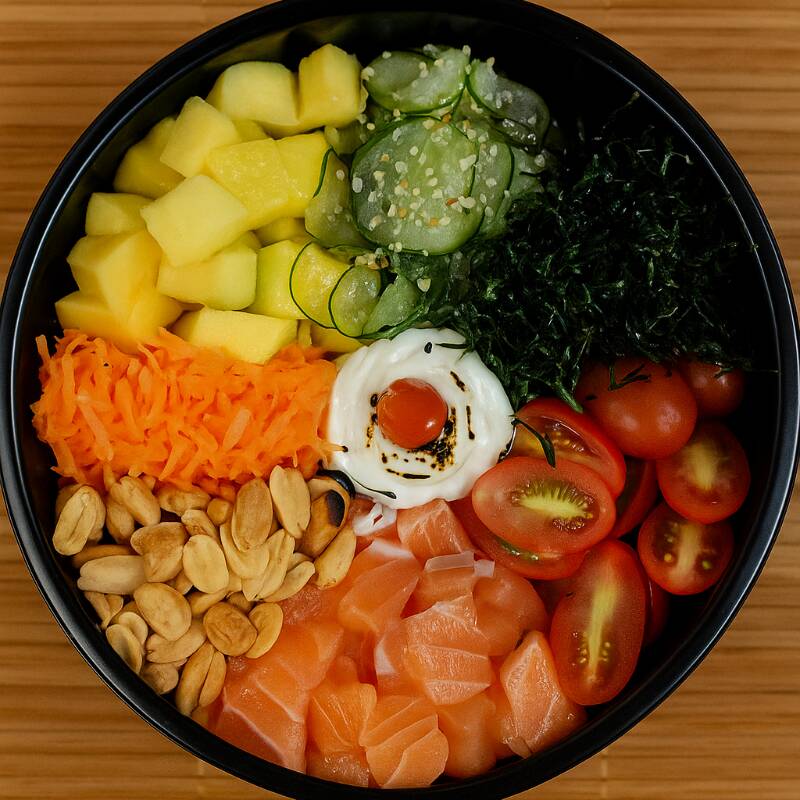 Salmão Tropical – Uma combinação irresistível de salmão fresco ou grelhado, cenoura crocante, amendoim torrado, couve crispy, tomate cereja, manga suculenta, pepino agridoce e um toque cremoso de cream cheese.