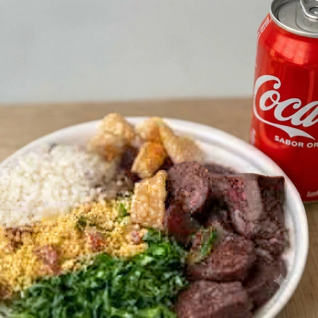 Marmita feijoada magra individual (arroz, costelinha, linguiça calabresa, paio, couve refogado na manteiga, farofa e torresmo). Acompanha refrigerante Coca Cola lata Zero sem açúcar 350ml bem gelada. Marmita indicada para 01 pessoa. Aproximadamente 400g