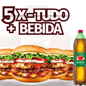 Promoção Imperdivel!   5x tudo com carne de excelente qualidade de 56g, pão artesanal extremamente macio que derrete na boca, queijo derretido, ovo, bacon crocante, calabresa defumada, presunto e salada fresca (alface) e a exclusiva maionese temperada da canedo. Acompanha bebida de 1,5l.  Guarana Antarctica ou Pepsi, enviamos de acordo com a disponibilidade da loja.