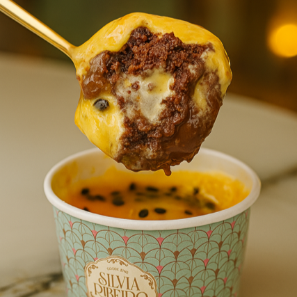 Pote de mousse de maracujá, com brigadeiro belga e bolo de chocolate