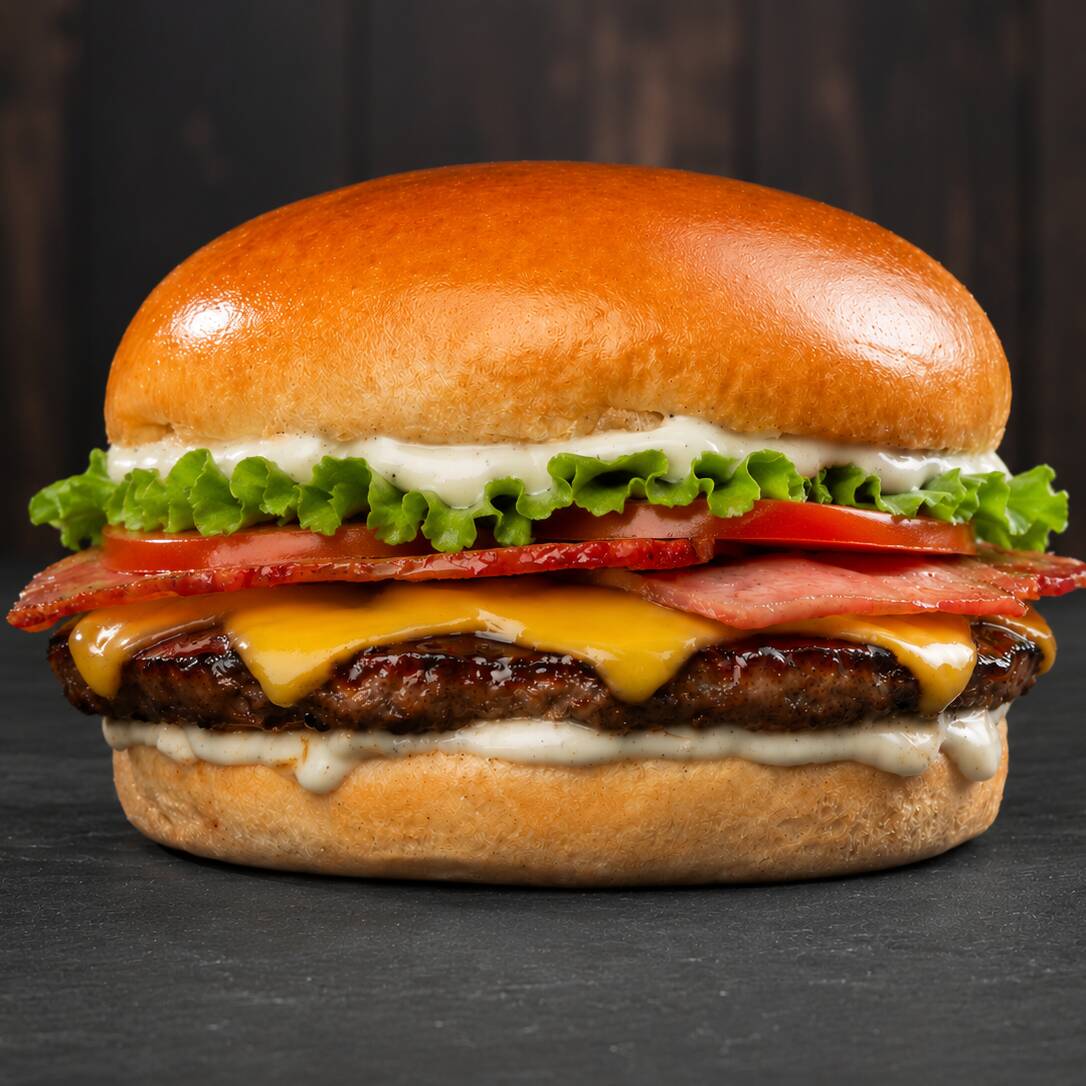 Pão brioche, molho da casa, hamburguer bovino, Catupiry, cheddar, mussarela, alface, tomate.