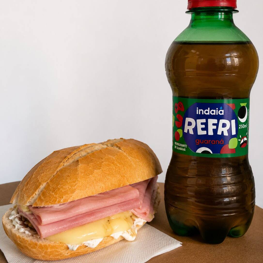 Pão francês, queijo, presunto e requeijão cremoso + refrigerante refri indaia 250ml