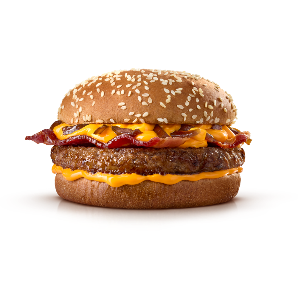 Pão com gergelim (10cm), Hambúrguer, Cheddar, Bacon e maionese temperada
