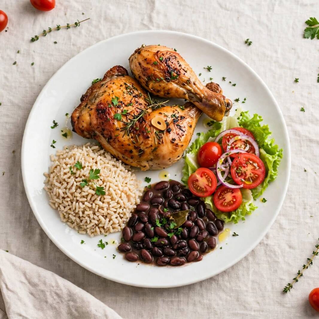 coxa e sobrecoxa assada com arroz integral, feijão fresquinho, salada temperada com molho cremoso da casa