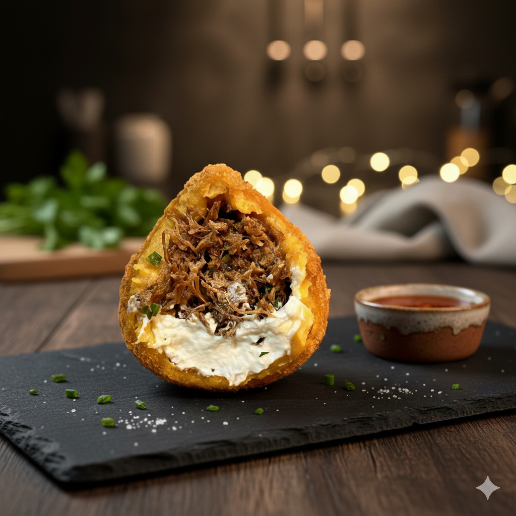 Nossa coxinha crocante, com massa super leve que desmancha na boca e com recheio irresistível de costela suculenta e bem temperada, combinada com o verdadeiro Catupiry. Finalizada com uma camada de farinha Panko que lhe oferece uma crocancia perfeita.