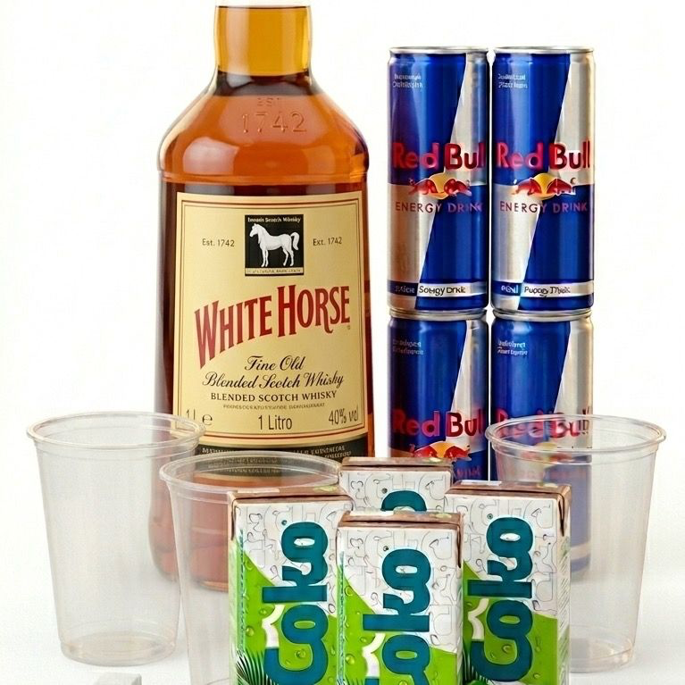 1X CAVALO BRANCO 1L
4X RED BULL 250ml
4X GELO SABOR ( MANDAR A ESCOLHA NO PEDIDO,TEM COCO, MARACUJÁ, MAÇÃ VERDE E MELANCIA)
4X COPOS 700ml