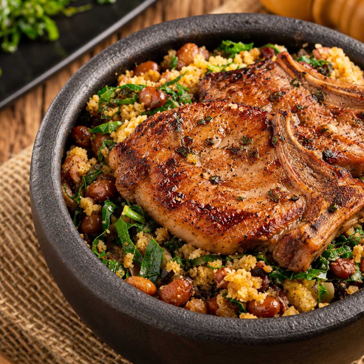 Delicioso baião de dois c/ arroz e bisteca suina.