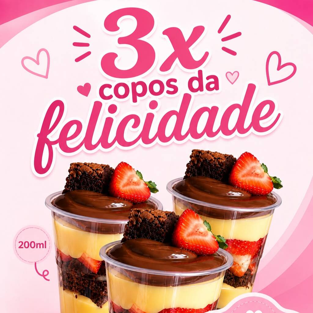 3X Copos da felicidade com brownies, nos sabores de sua preferência.
