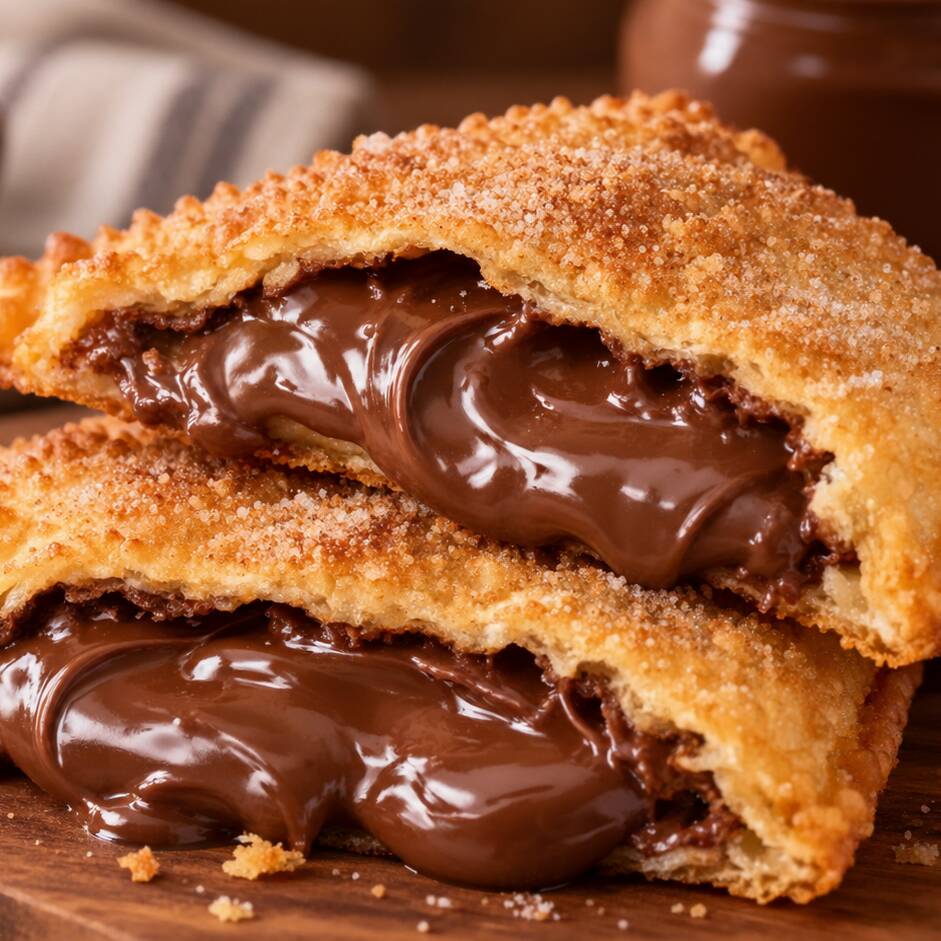 Pastel crocante e sequinho, recheado com creme de avelã, frito na hora e servido bem quentinho.