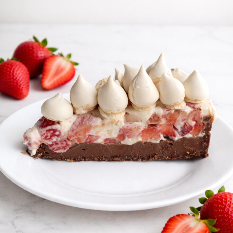 Farofa de biscoito, trufa de chocolate, nata com morangos frescos e suspiros!