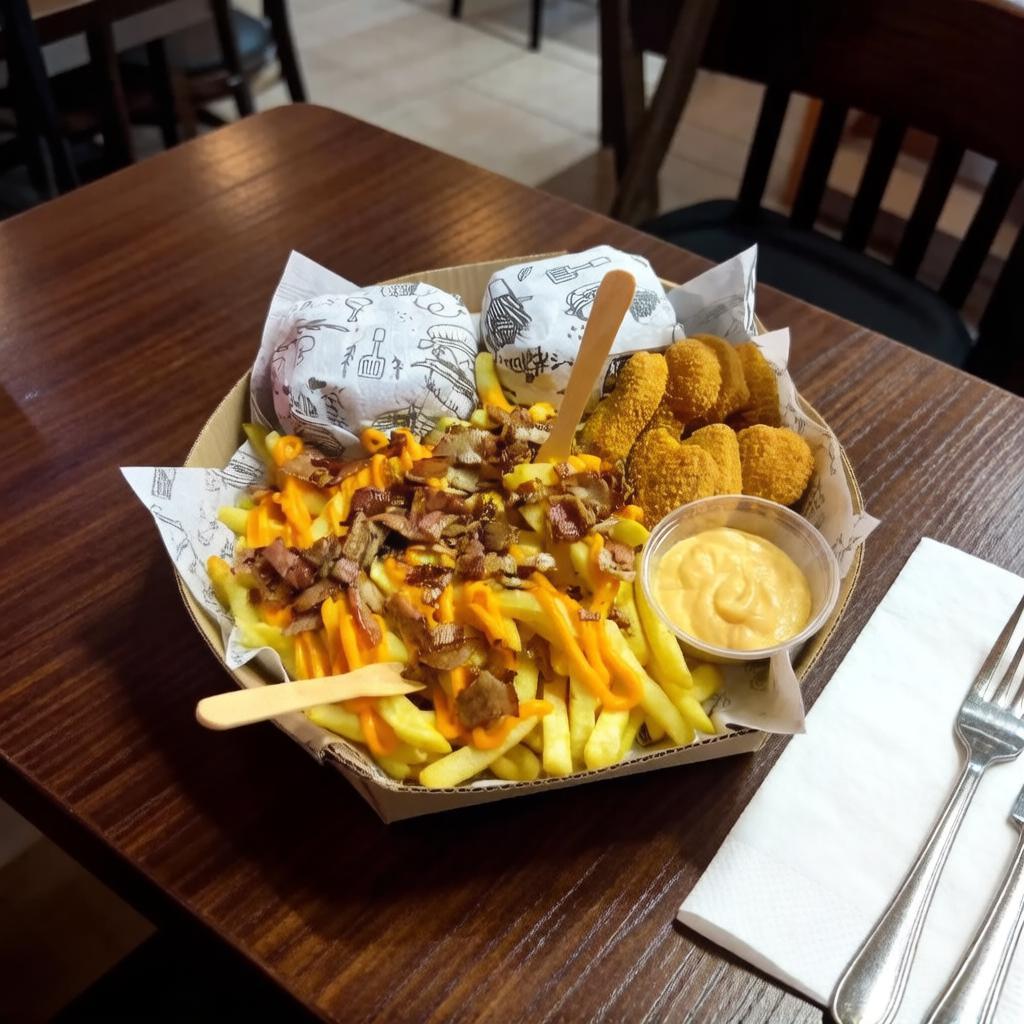 2 x-tudo , batata frita com cheddar ,bacon e nugget .