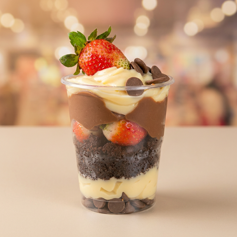 Copo da felicidade composto por,pedacinhos de chocolate, brigadeiro branco, bolo ,morango fresco, ganache meio amarga (200ml)