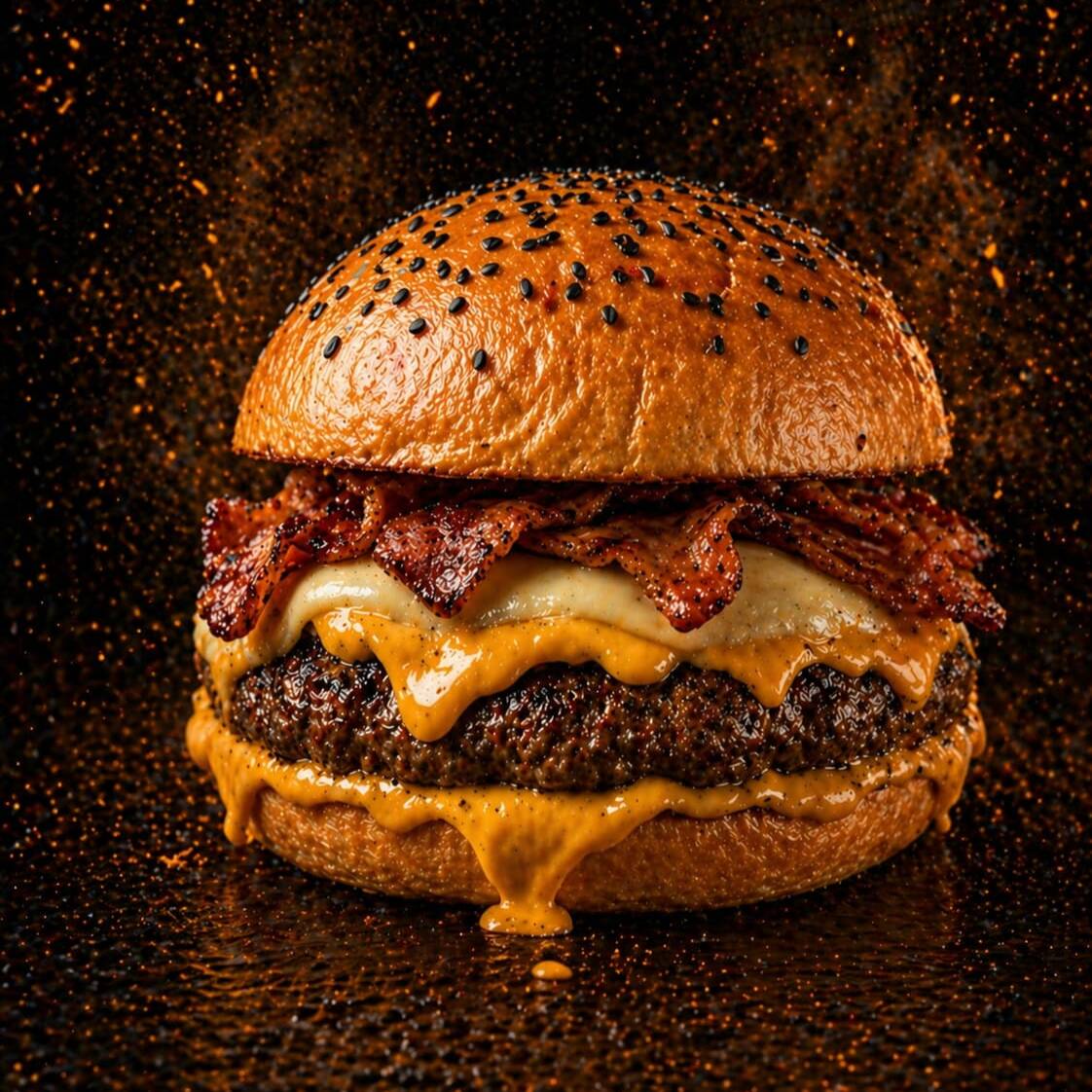 Pão artesanal com gergelins negros, cheddar cremoso, hambúrguer artesanal, mussarela, bacon