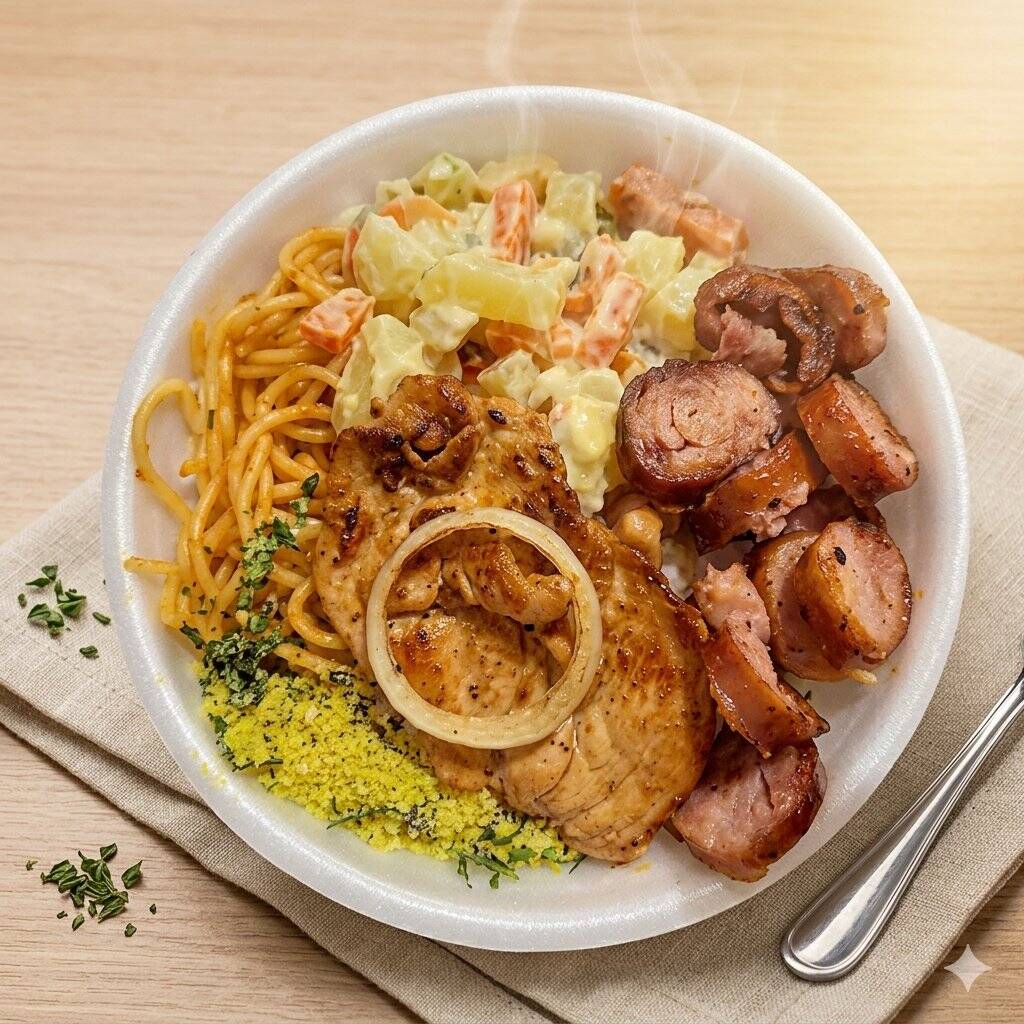 Deliciosa comida caseira, todos insumos frescos e preparados na hora , acompanha ARROZ BRANCO SOLTINHO, FEIJÃO DE CALDO CREMOSO , MACARRÃO ESPAGUETE BEM TEMPERADO, LEGUMES OU SALADA E AS CARNES .
